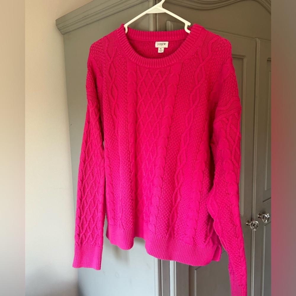 J. Crew Factory Fuschia Donegal Cable Knit Cotton Fisherman Sweater Sz Xl